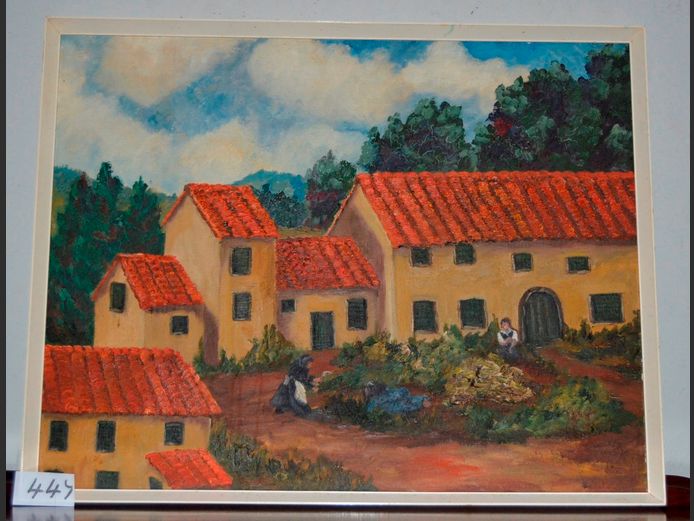 FRAMED OIL ON BOARD "HOUSES", 70 x 55cm