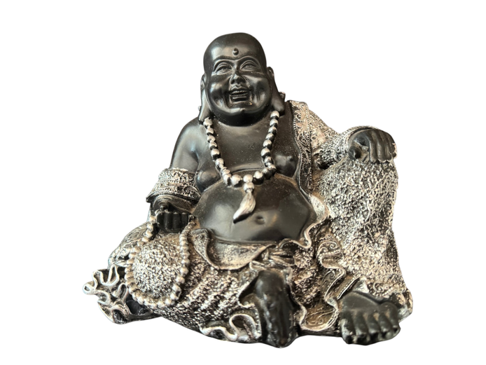 Decorative Laughing Buddha Statue – Black & Silver Finish