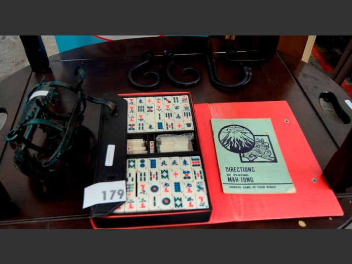 MAHJONG SET IN CASE, WROUGHT IRON WINE BOTTLE HOLDER, etc
