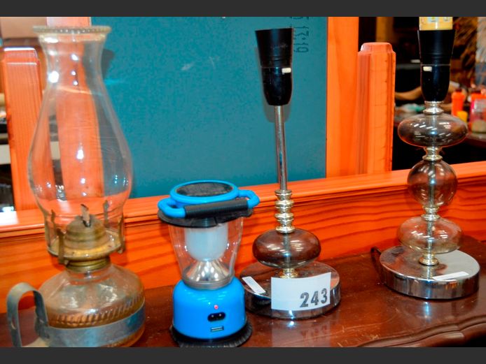 PAIR CHROME & GLASS BEDSIDE LAMPS [No shades, damage to 1], RECHARGEABLE LANTERN, etc