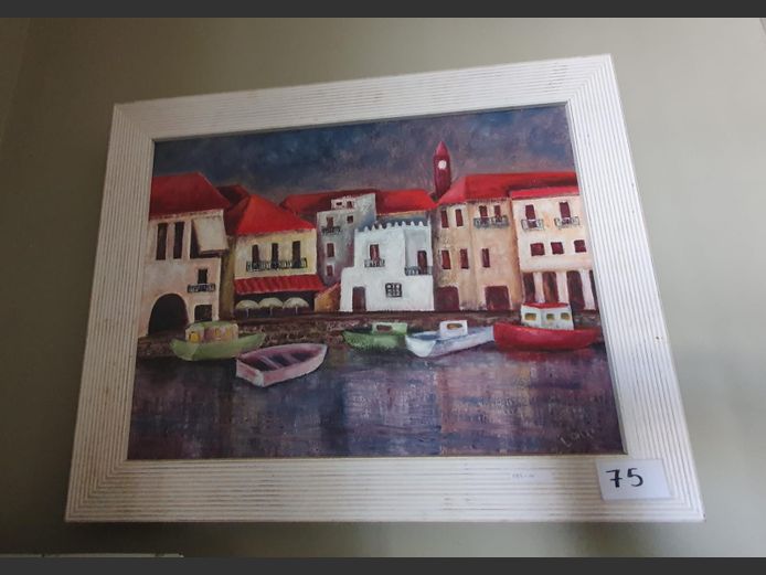 FRAMED OIL ON CANVAS "FISHING VILLAGE" BY LONI, 60 x 45cm