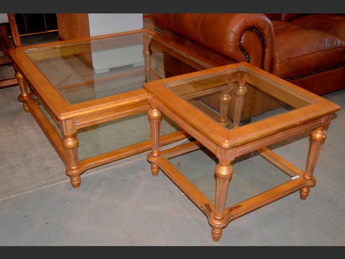 FRENCH GILT & GLASS TOP COFFEE TABLE WITH MATCHING SIDE TABLE [Coffee table = 100 x 100 x 42cm; Side Table = 60 x 60 x 51cm]