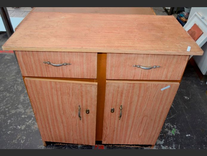 OAK FOIL 2-DOOR, 2-DRAWER CABINET, 85 x 43 x 85cm [Base damaged]