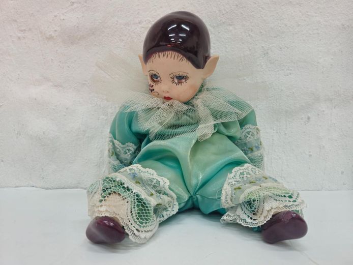 Porcelain Harlequin Clown Doll in Teal Satin Outfit