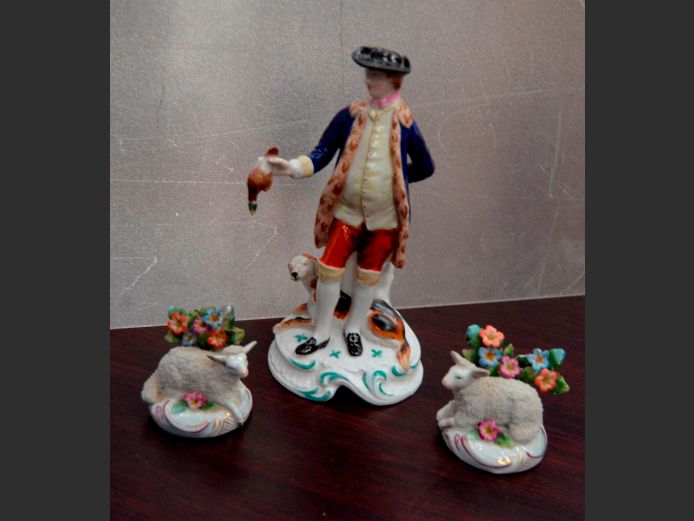 PAIR CHELSEA GOLD ANCHOR SHEEP FIGURINES & SPODE COPY OF A CHELSEA FIGURINE [9,11], 20cm High, 6.5cm High & 6.5cm High