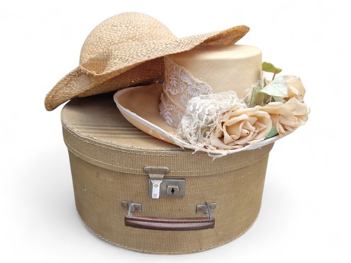 Vintage Hat Box with Straw Hat & Boater Hat