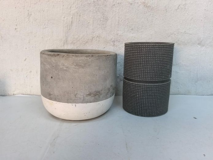 Two-Tone Concrete Planter & Grey Ribbed Resin Vase