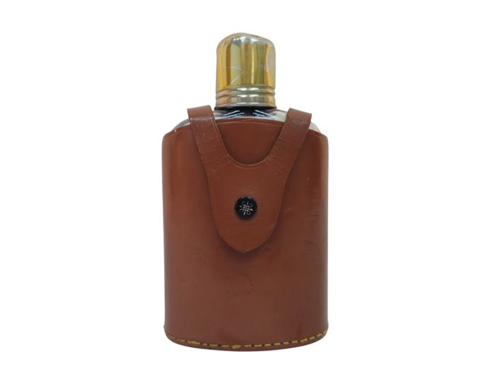 Vintage English Glass Hip Flask with Stitched Real Hide Leather Case