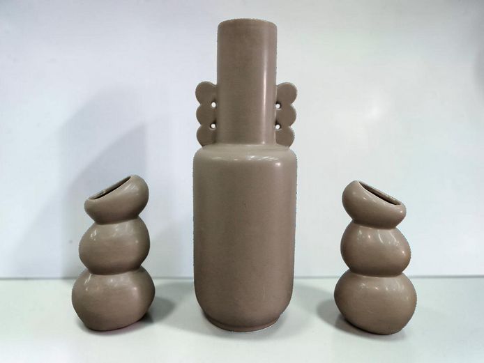 Contemporary Matte Taupe Ceramic Vase Set - 3 Piece
