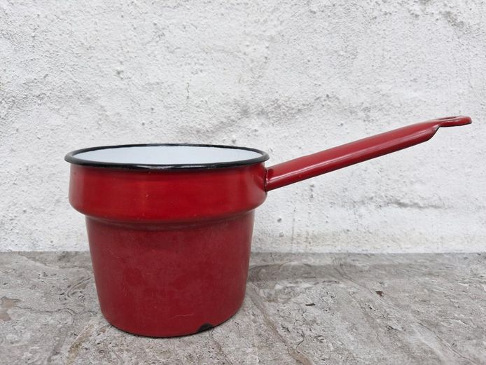 1950's Vintage Red Enamelled Saucepan with Long Handle