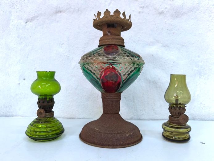 Set of 3 Vintage Glass & Metal Oil Lamps