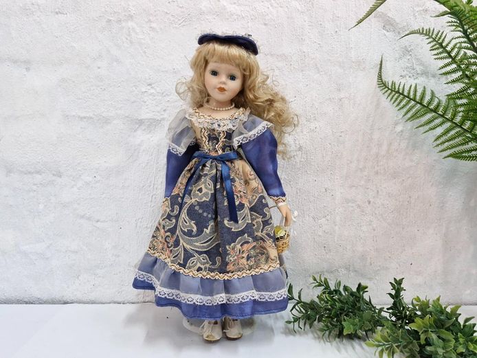 Vintage Porcelain Collector Doll in Blue Lace Dress & Hat 