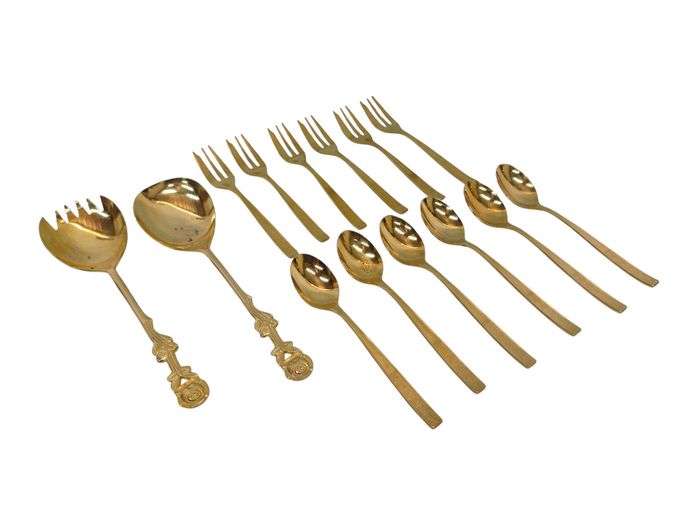 Vintage Mid-Century Gold-Tone Cutlery & Serving Set