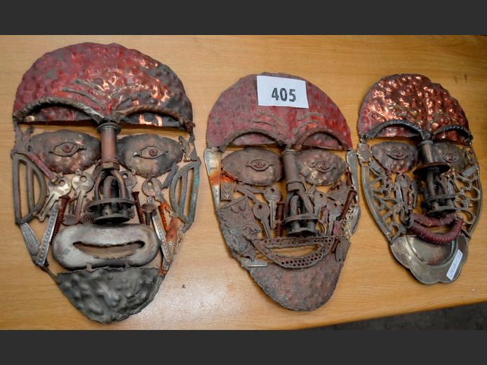 SET OF 3 STEAM PUNK METAL ORNAMENTAL MASKS, 32 x 20cm Average