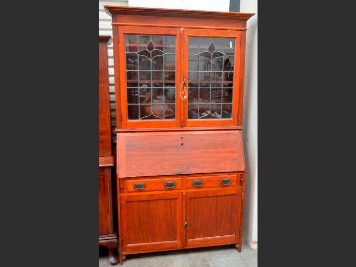 ANTIQUE OAK BUREAU BOOKCASE WITH LEAD GLASS DOORS, 113 x 37 x 198cm