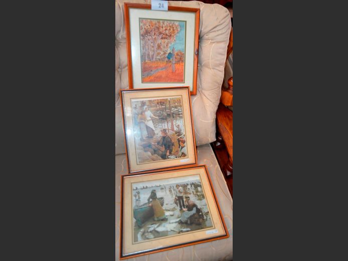 LOT: 2 x FRAMED PRINTS "THE OLD PIER STEPS", "FISH SALE ON CORNISH BEACH" & ANOTHER, 29.5 x 23cm, 29.5 x 23cm & 26.5 x 20cm