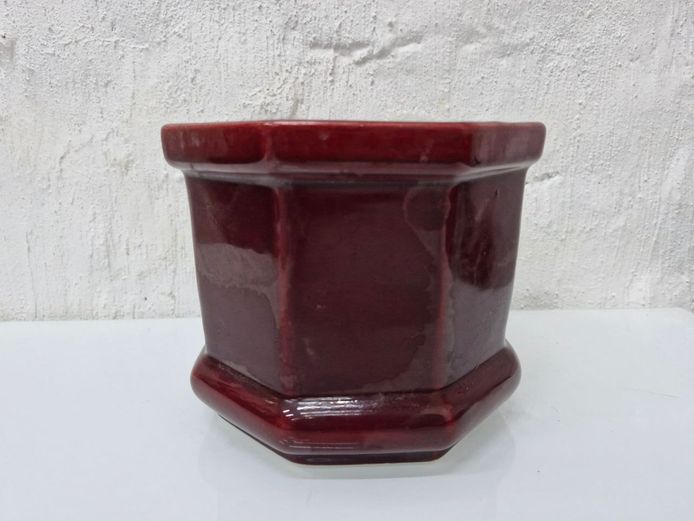 Small Maroon Red Octagonal Ceramic Planter Pot - Glossy Burgundy Succulent & Bonsai Bowl