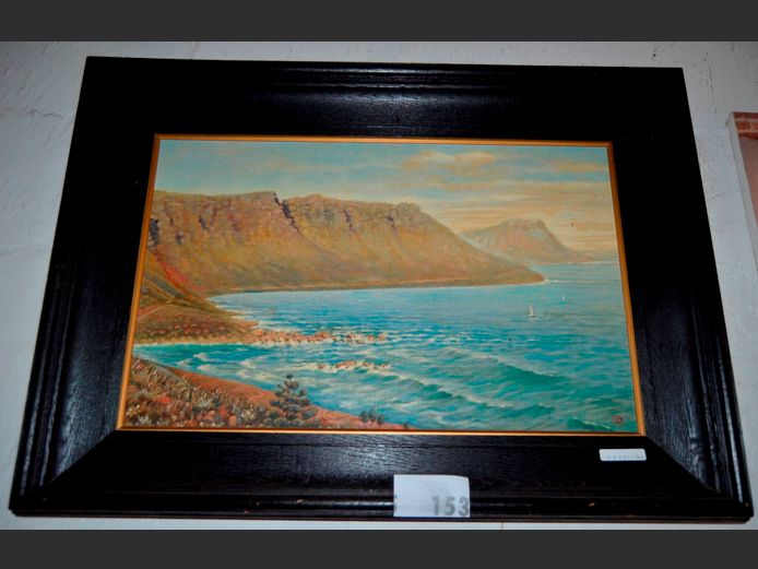 DARKWOOD FRAMED OIL ON CANVAS "MOUNTAIN & OCEAN SCENE", 53 x 33.5cm