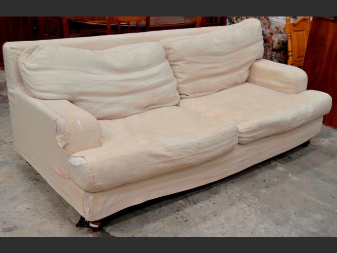 CREAM UPHOLSTERED 2-SEATER COUCH, 205 x 105cm [Needs re-covering]