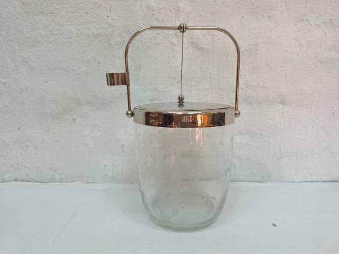 Vintage Etched Glass Ice Bucket with Mechanical Swing Lid