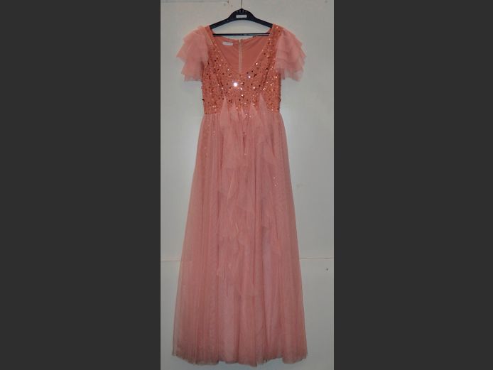 PINK TULLE & SEQUINED EVENING GOWN [Sticky to inner bosom due to stick on breasts being used]
