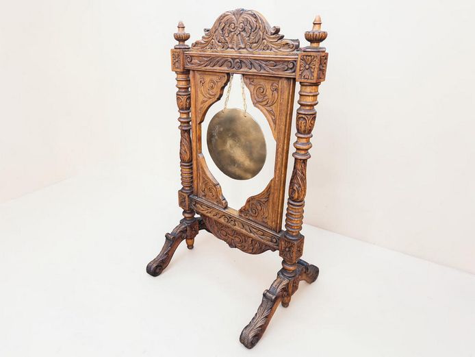 Antique Ornate Carved Wooden Dinner Gong Stand with Brass Gong
