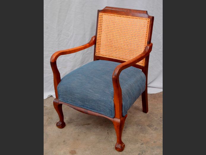 IMBUIA & BLUE UPHOLSTERED RATTAN BACK ARMCHAIR