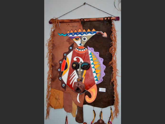 AFRICAN WALL HANGING ARTWORK ON LEATHER, 120 x 87cm