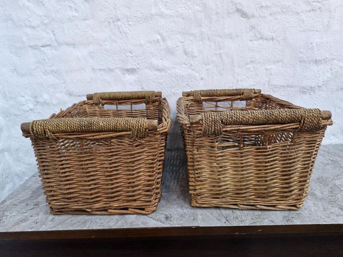 Pair of Vintage Woven Wicker Log Baskets with Rope