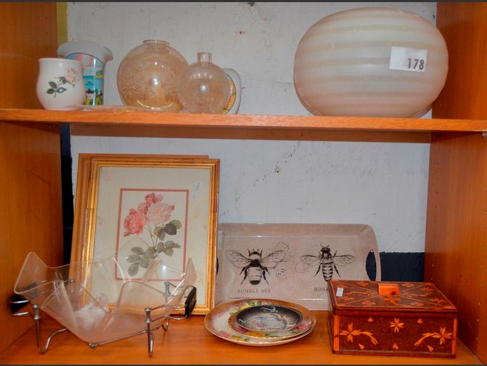 VASES, GLASS LAMP SHADES, JEWELLERY BOX, FRAMED PRINT, etc