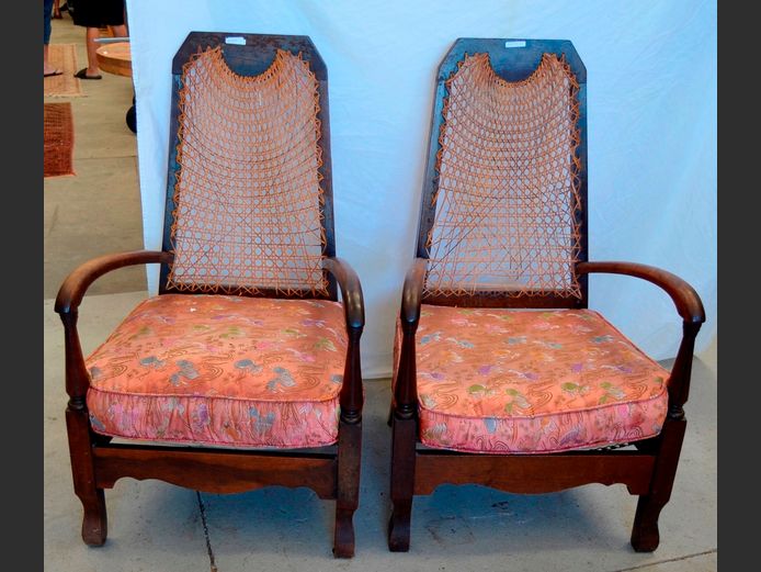 PAIR IMBUIA ARMCHAIRS WITH RATTAN BACKS & UPHOLSTERED SEATS [Rattan needs attention in places]