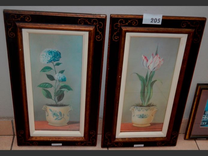 PAIR DARKWOOD FRAMED FLOWER PRINTS, 46.5 x 19.5cm