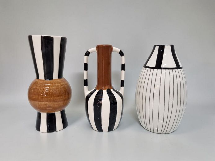 Three Piece Collection of Hand-Painted Geometric Ceramic Vases