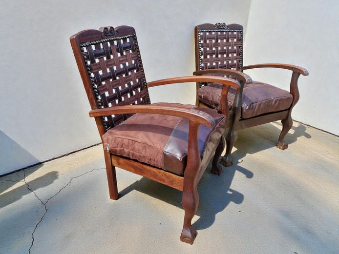 Vintage Leather-Like Strip Woven Backrest Armchairs