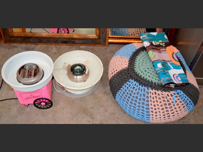 LOT: 2 x CANDY FLOSS MACHINES, HAND KNITTED OTTOMAN, etc [Switch on]