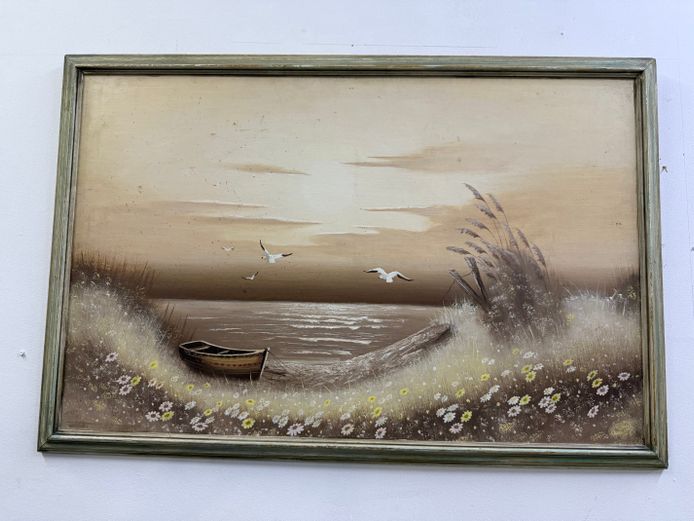 Pastel Pink Portrait of Boat and Seagulls 