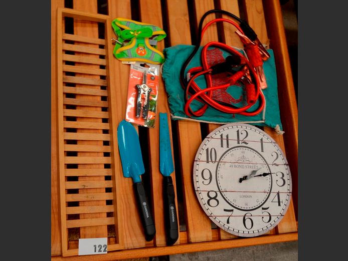 JUMPER LEADS, WALL CLOCK, SMALL GARDEN SPADE, etc
