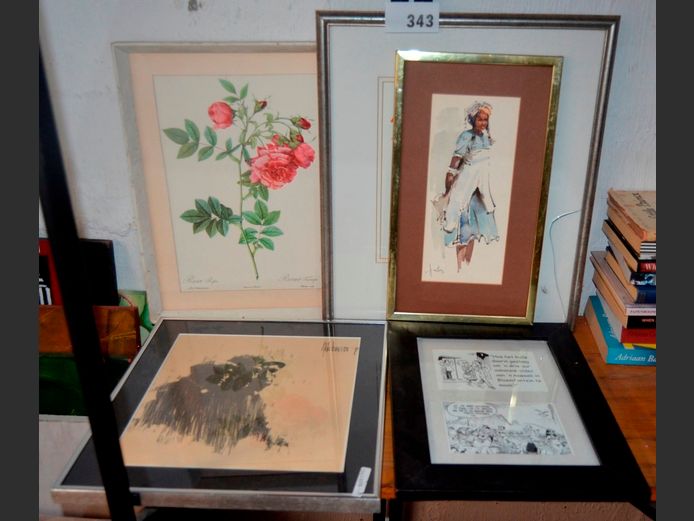 FRAMED WATERCOLOUR "AFRICAN LADY", FRAMED FLOWER PRINTS, etc