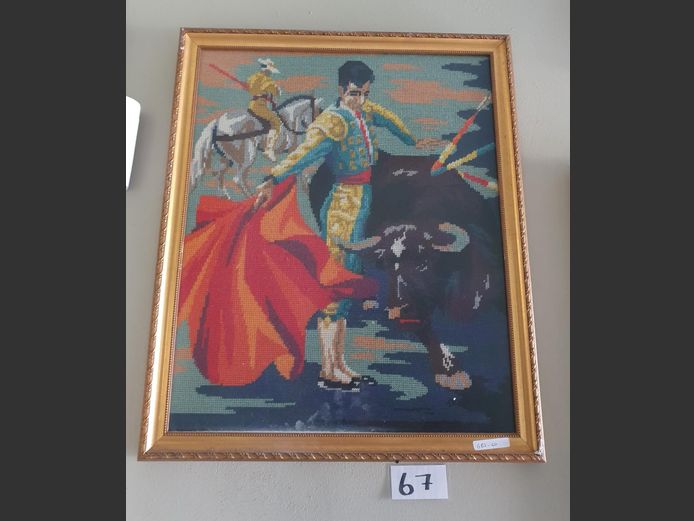 GILT FRAMED NEEDLEPOINT "MATADOR", 54 x 44cm