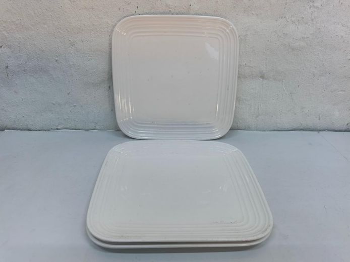 Set of 3 Large White Square Ceramic Ribbed Plates