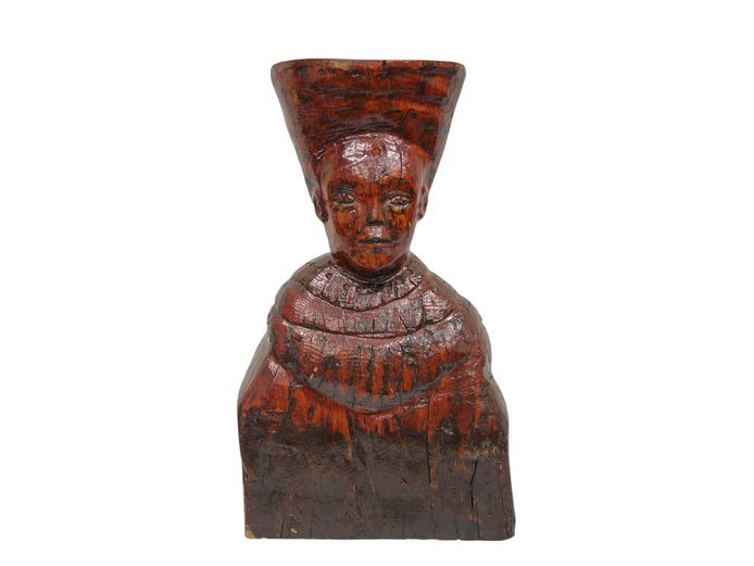 Hand-Carved African Wooden Bust with Traditional Isicholo Headdress