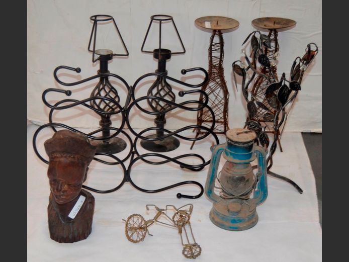 LOT: 2 x PAIRS METAL CANDLE STANDS, WINE RACK, WOODEN BUST OF AN AFRICAN MAN, etc