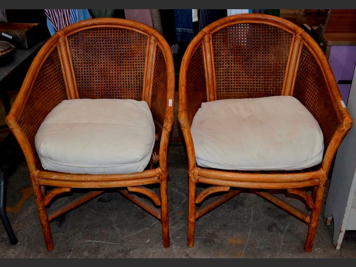 PAIR CANE & RATTAN ARMCHAIRS WITH CUSHIONS