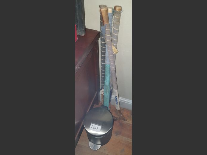 LOT:STAINLESS STEEL BATHROOM BIN & HOCKEY STICKS