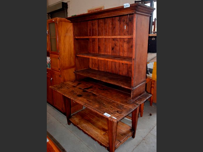 ANTIQUE OREGON PINE KITCHEN TABLE WITH 3-TIER SHELF MOUNTED TO TOP, 136 x 79 x 183cm