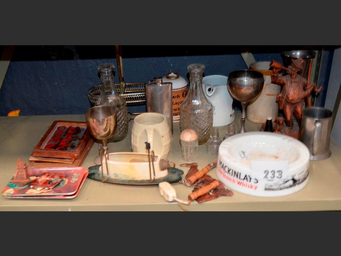 BAR ORNAMENTS, HIP FLASK, SILVER PLATE GOBLET, etc