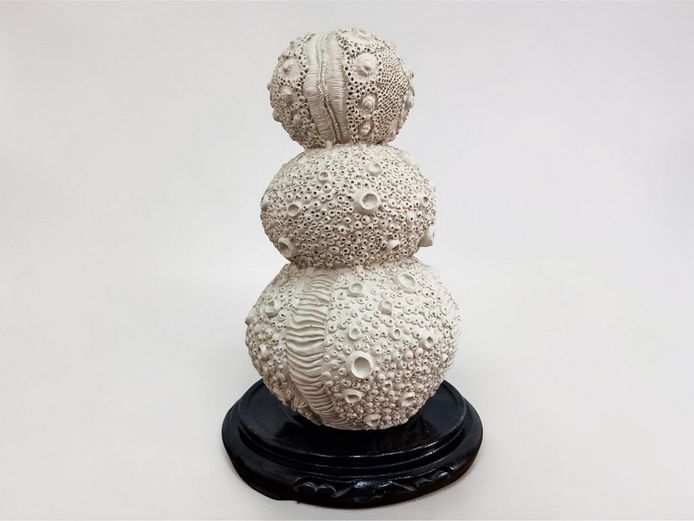 White Stacked Coastal Sea Urchin Ornament on Wood Stand