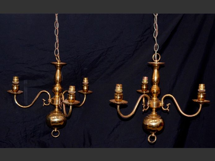 PAIR BRASS COATED 3-ARM CEILING LIGHTS, 43cm Diameter x 40cm High