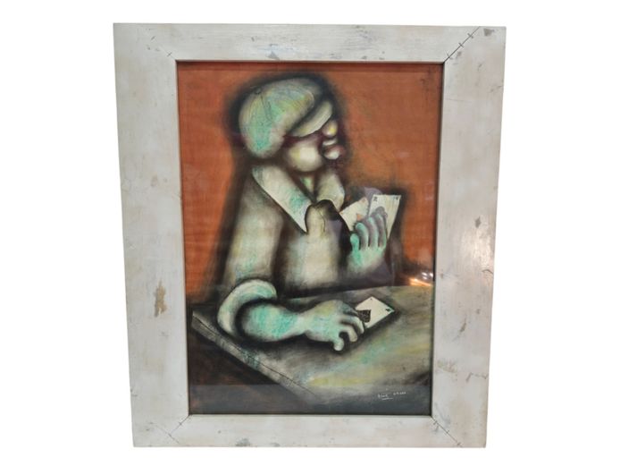 David Mbele (South African, 1942–2005) The Card Player, Framed Mixed Media