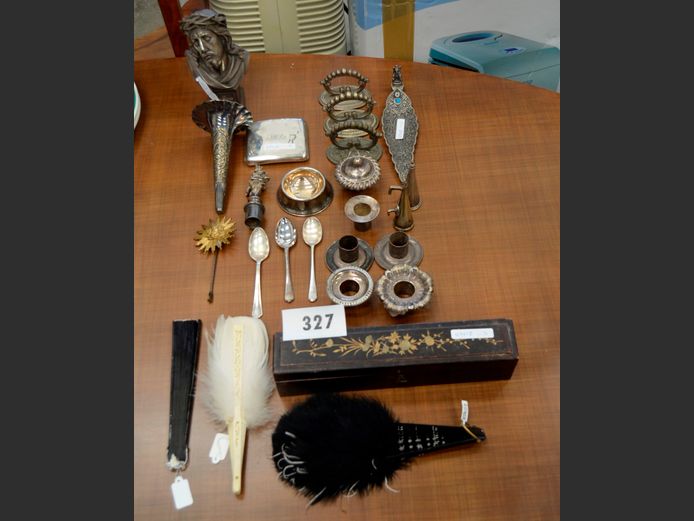 SILVER PLATE CIGARETTE CASE, ORNAMENTS, FANS, etc